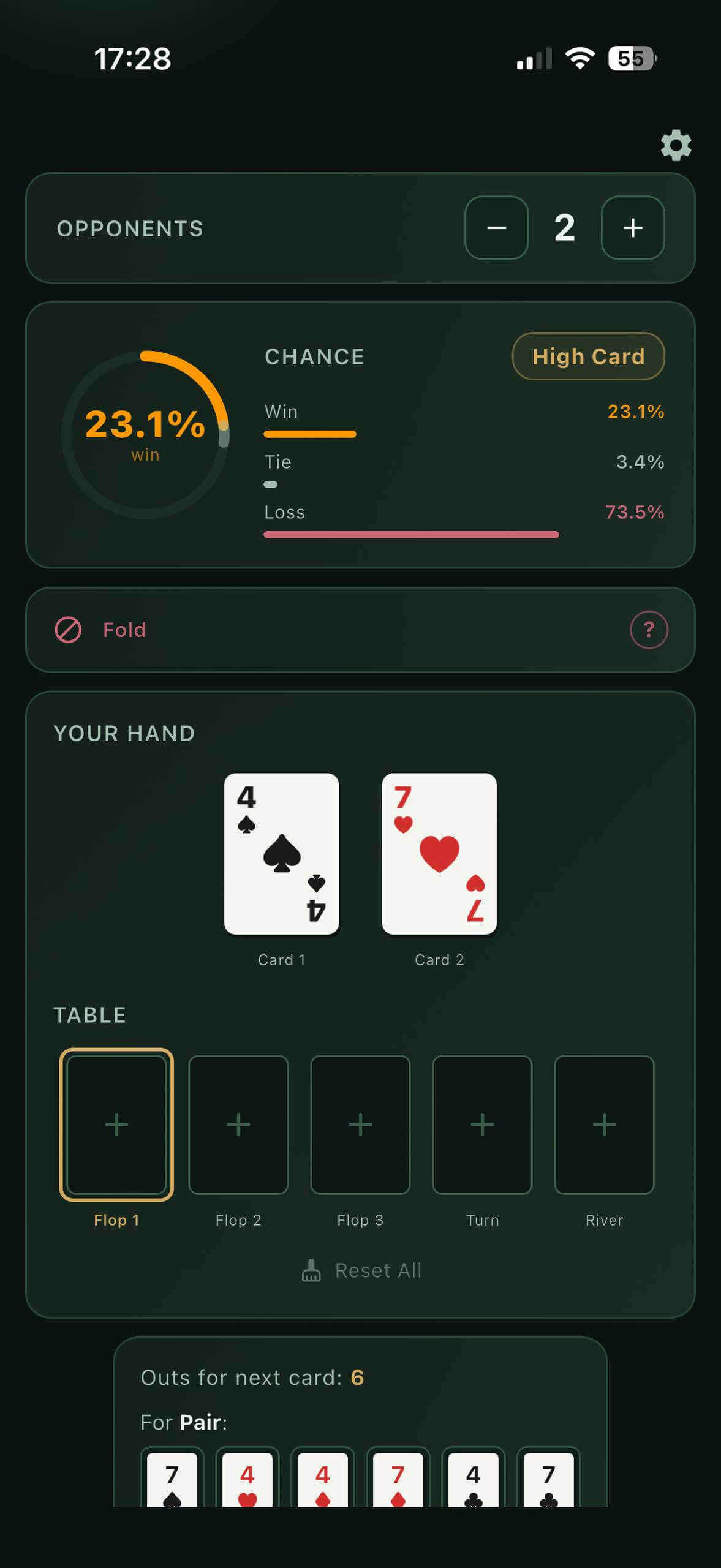 Poker Calc main screen